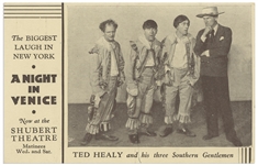 A Night in Venice Postcard, Circa 1929, Featuring Ted Healy and his three Southern Gentlemen -- 5.5 x 3.5 Postcard Promotes Show at Shubert Theatre -- Abrasion on Verso,  Else Near Fine